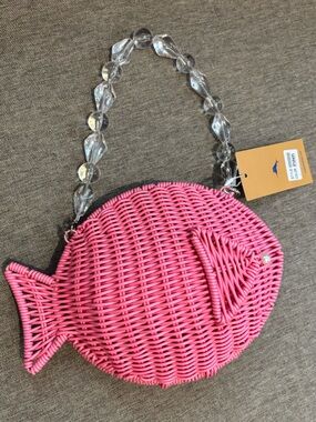 NWT Tommy Bahama Viral Trend Pink Woven Fish-Shaped Bag with Bead Handle & Chain